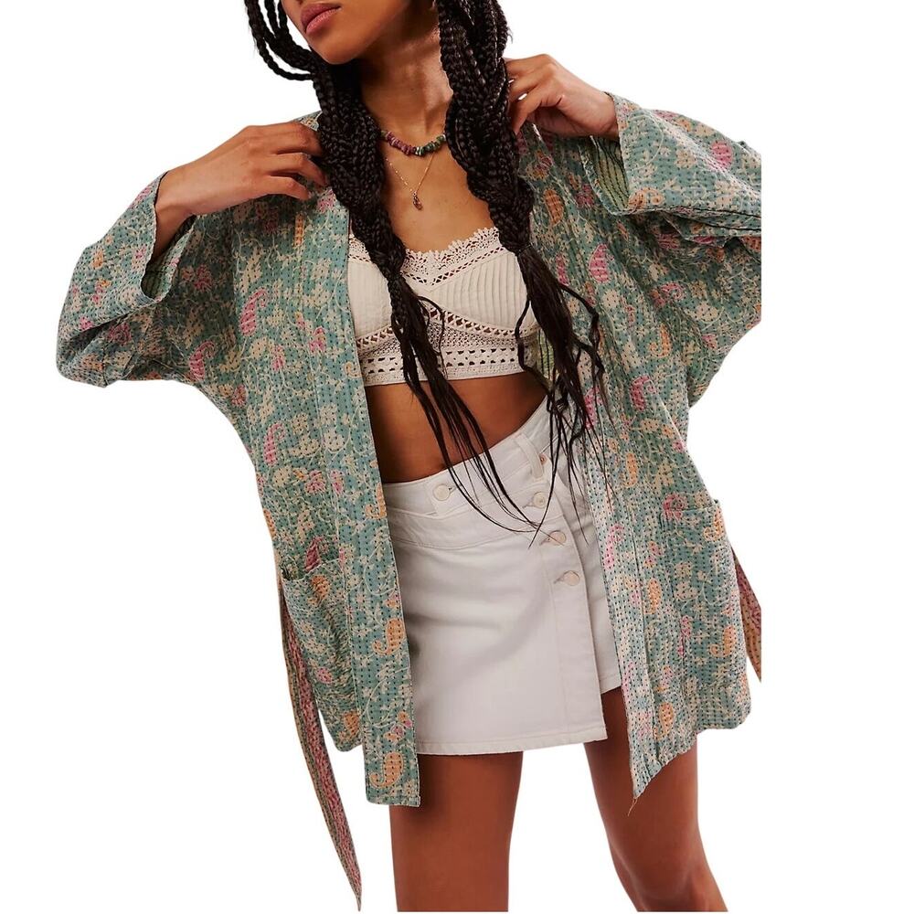 Free People Quilted Multicolor Fragonard Niki Kimono Jacket Size M